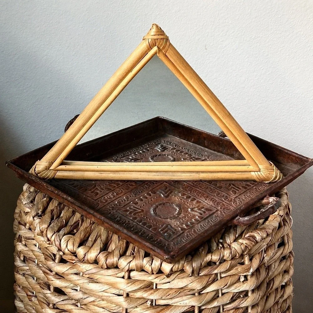 Vintage Triangle Rattan Wall Mirror Boho Geometric Wicker Decor Frame 14in